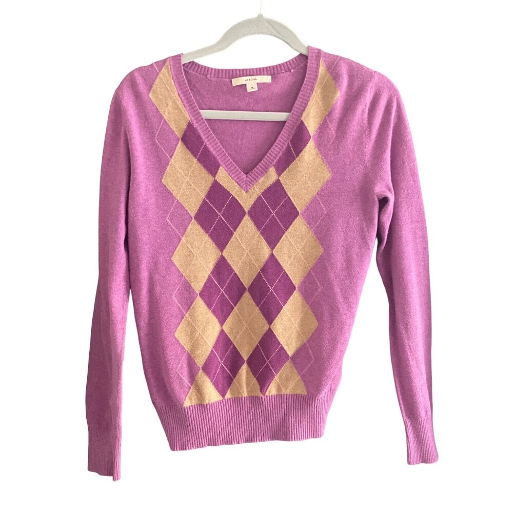 Purple Cream Merona Argyle Pullover Sweater Womens M Long Sleeve Knit Medium